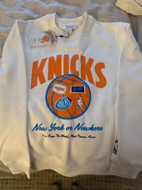 Terez White Knicks Graphic Sweatshirt with Orange & Blue Logo